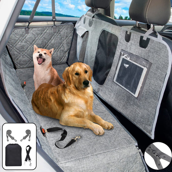 Car Hammock for Dogs - Waterproof Dog Car Seat Cover with Mesh Window, Big Pocket, Non-Slip Rubber Back, Washable Luxury Material