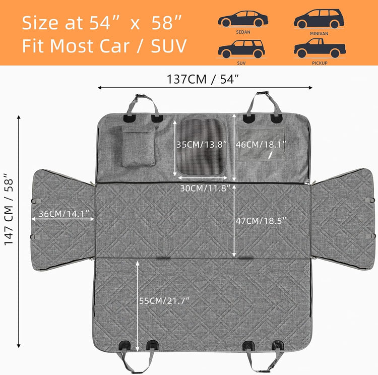 Car Hammock for Dogs - Waterproof Dog Car Seat Cover with Mesh Window, Big Pocket, Non-Slip Rubber Back, Washable Luxury Material