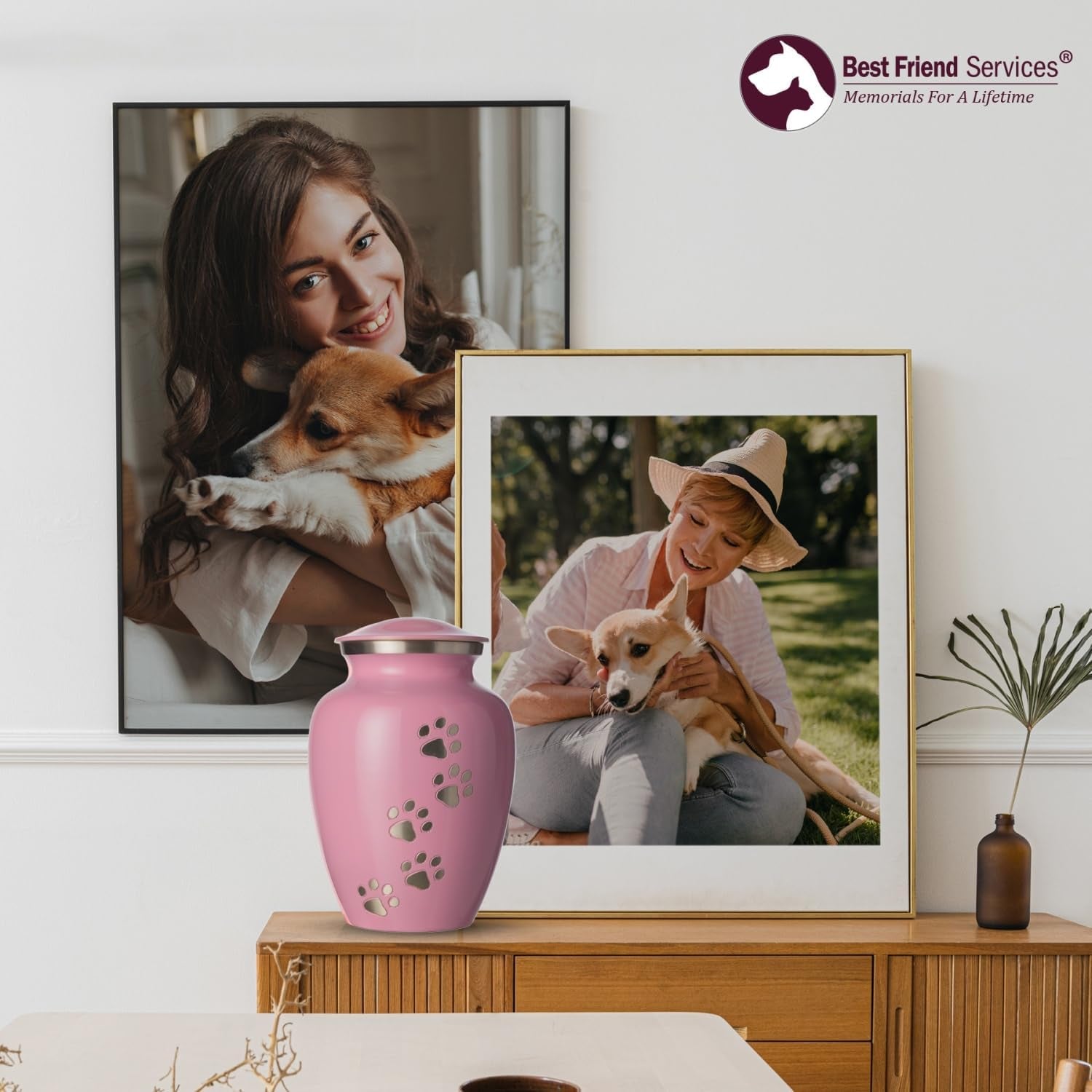Ottillie Paws Legacy Series Pet Urn for Dogs, Handmade Aluminum Memorial Cremation Urn (Large - Pets up to 115 Lbs, Ardent Pink, Vertical Pewter Paws)