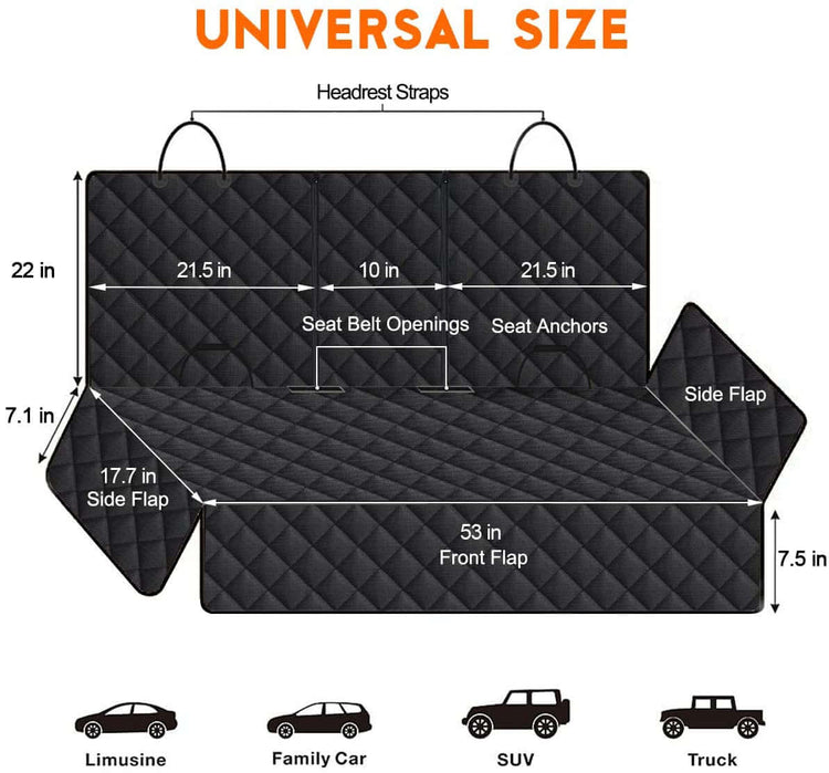 Dog Car Seat Cover, Back Seat Cover for Dogs Pet Car Seat Protector Waterproof Bench Car Seat Cover, Non-Slip Reat Seat Cover Fits Middle Armrest for Most Cars Trucks Suvs - Black dimensions chart