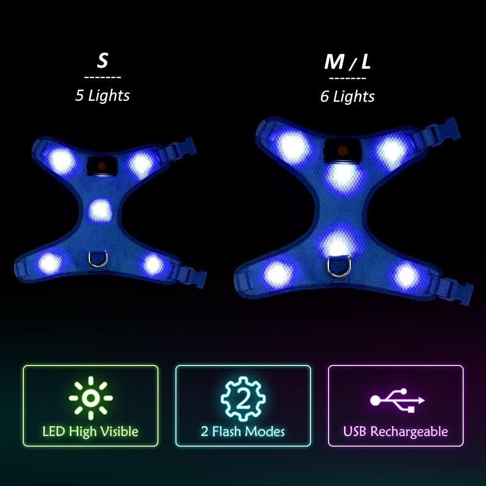 LED Dog Harness,Lighted up USB Rechargeable Pet Harness,Illuminated Reflective Glowing Dog Vest Adjustable Soft Padded No-Pull Suit for Small,Medium,Large Dogs (Blue, M)
