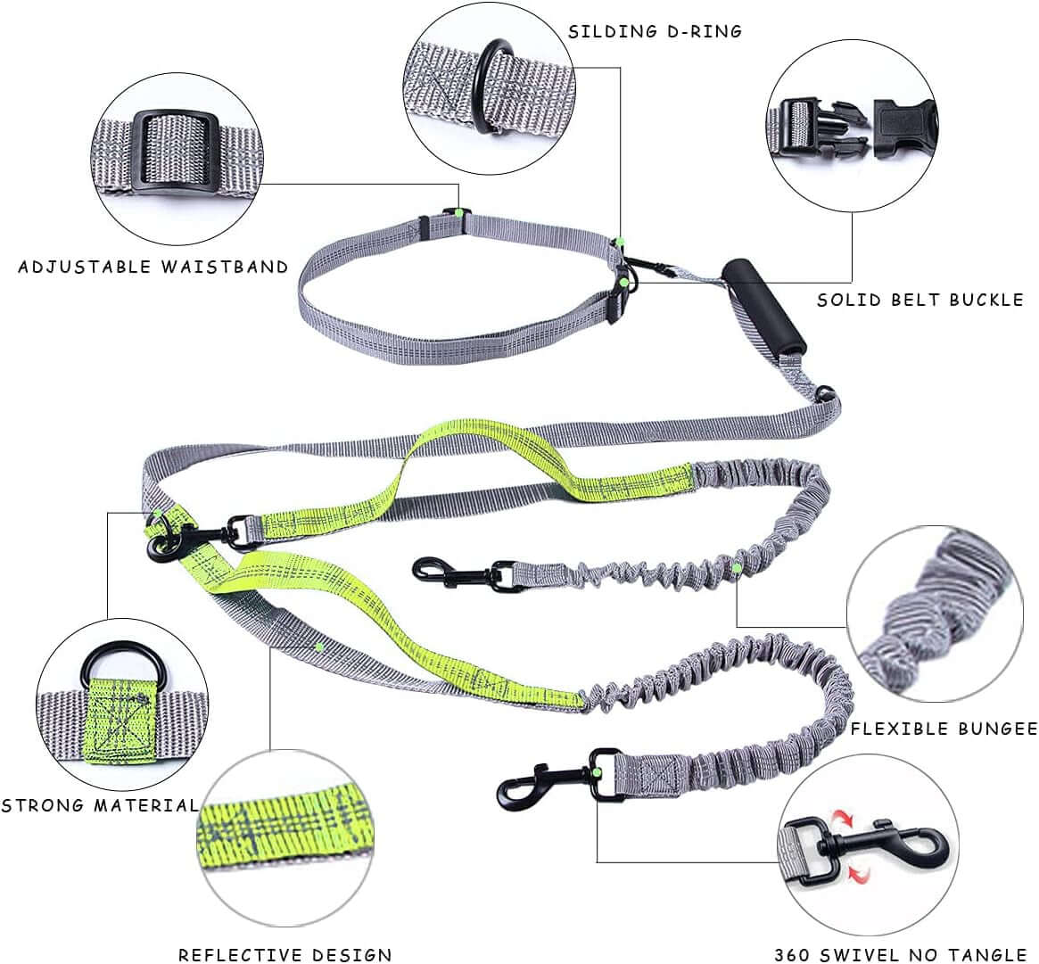Dvojitý psí vodítko pro 2 psy s nastavitelným opaskem, pružinovým bungee a 360° otáčením bez zamotání.