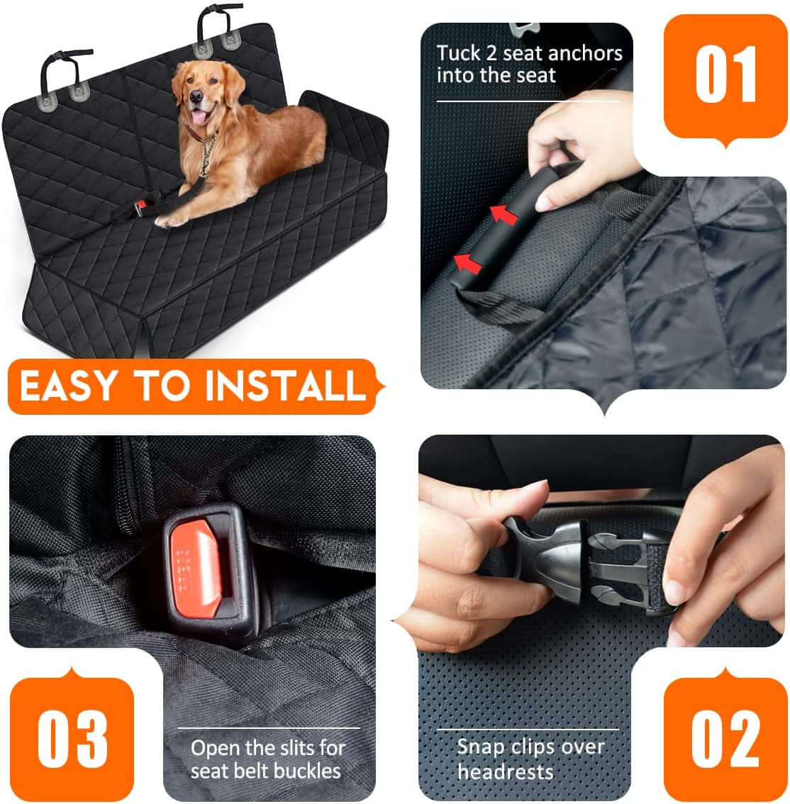 Dog Car Seat Cover, Back Seat Cover for Dogs Pet Car Seat Protector Waterproof Bench Car Seat Cover, Non-Slip Reat Seat Cover Fits Middle Armrest for Most Cars Trucks Suvs - Black installation steps.