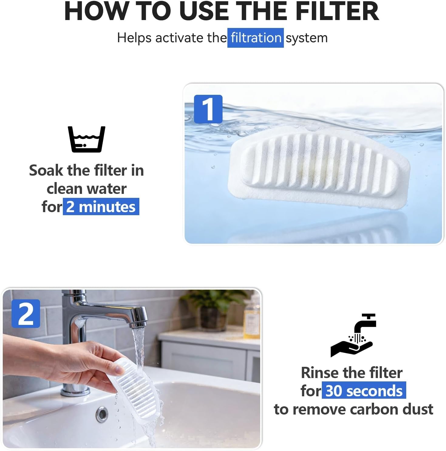Cat Water Fountain Filters, Replacement Carbon, Resin Filter ONLY for D30 67Oz/2L Automatic Cat Fountain Dog Water Dispenser, 4 Filtration System (12PCS Filters）
