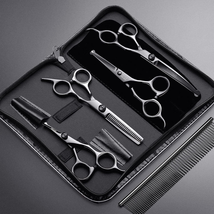 professional grooming scissors for dogs7Inch Professional 4CR Stainless Steel 6 in 1 Grooming Scissors for Dogs with Safety round Tip, Heavy Duty Titanium Coated Pet Grooming Scissor for Dogs, Cats and Other Animals