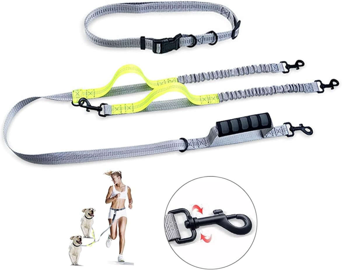 dvojitý psí vodítko pro 2 psy, šedý a žlutý, s bungee a 360° otočným konektorem, ideální pro běhání a chůzi se dvěma psy.