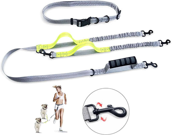 dvojitý psí vodítko pro 2 psy, šedý a žlutý, s bungee a 360° otočným konektorem, ideální pro běhání a chůzi se dvěma psy.