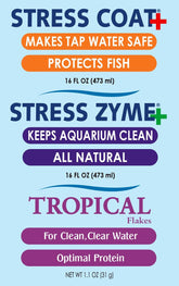 Aquarium Water Treatment & Trop. Fish Food: Stress Coat 16 Oz, Stress Zyme 16 Oz, Tropical Flakes 1.1 Oz